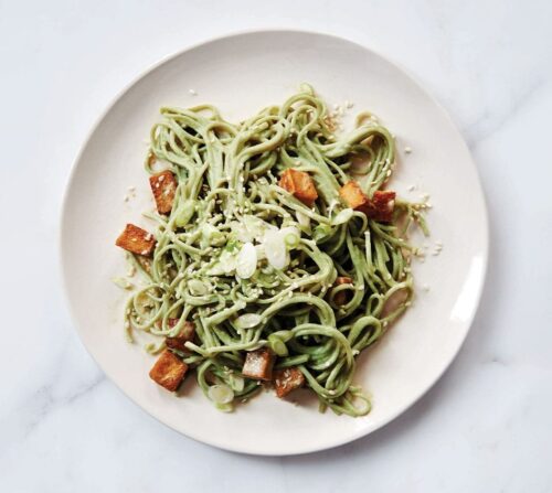 Matcha Soba With Spicy Tofu Nuggets