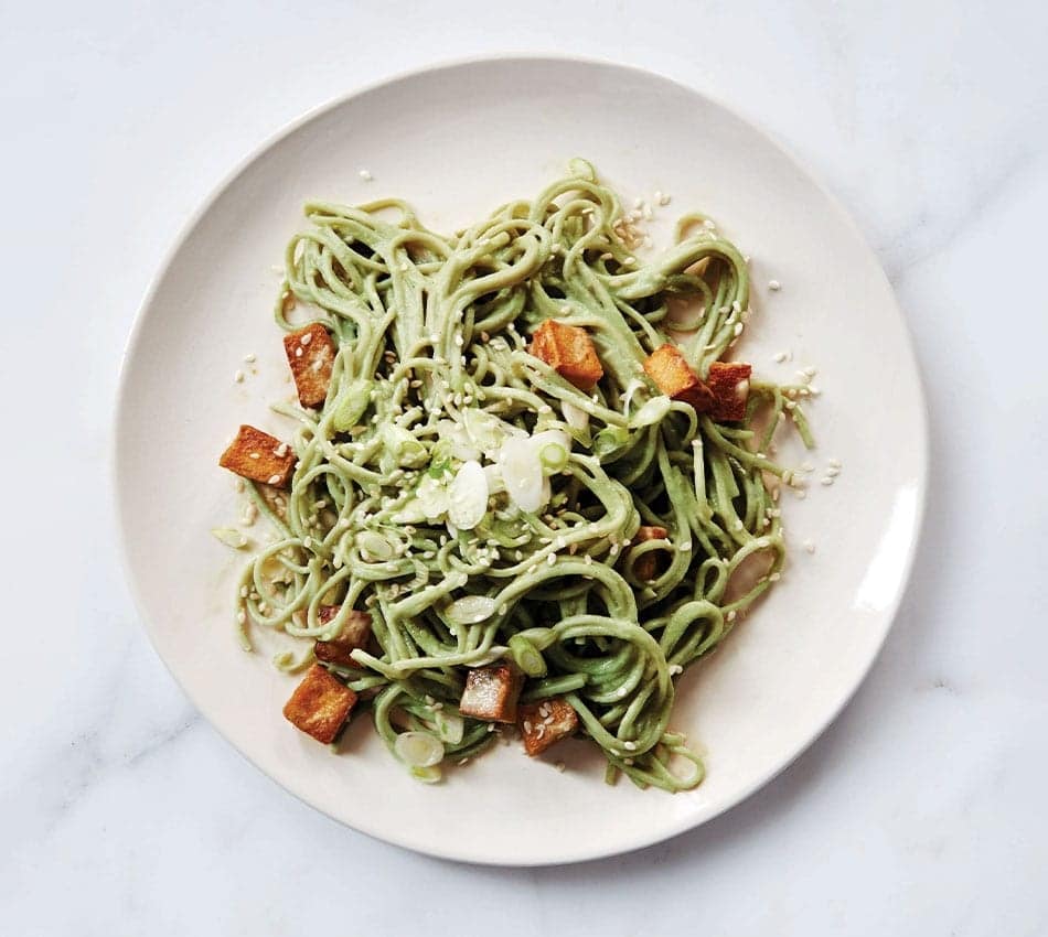 Matcha Soba With Spicy Tofu Nuggets