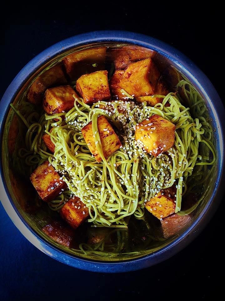Green Tea Sesame Soba Noodles With Stir Fried Tofu